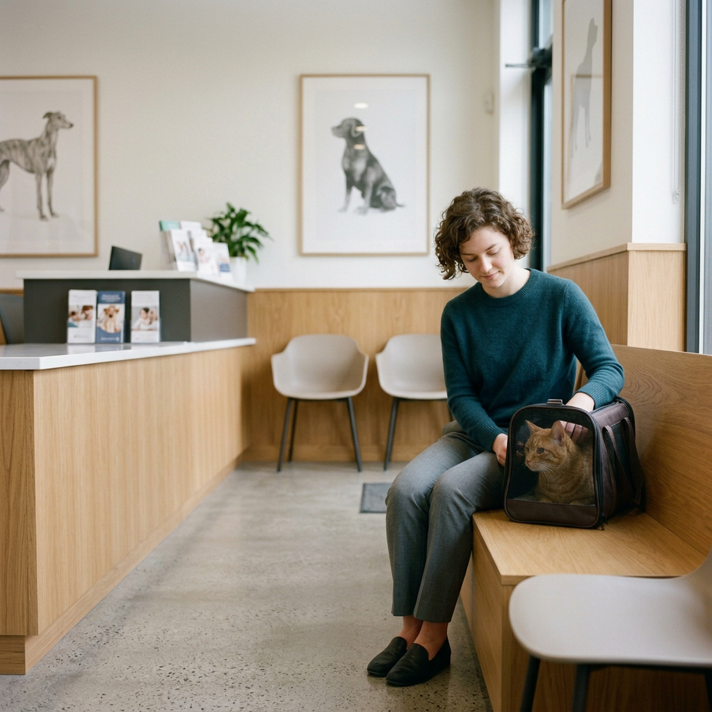 A woman sitting on a wooden bench in a waiting room, petting a cat inside a pet carrier. The room has white chairs, artwork of dogs on the walls, and a reception desk with brochures and a plant.