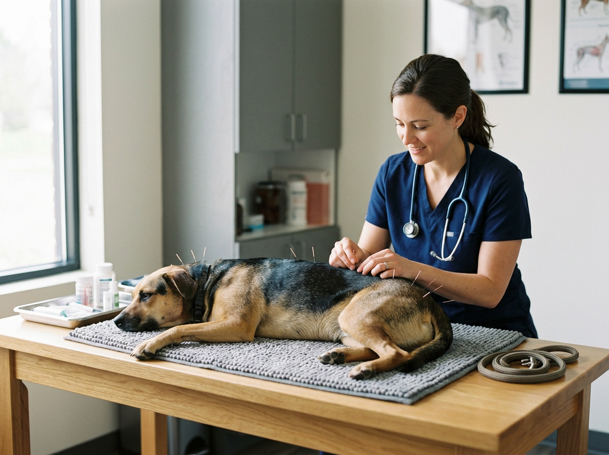 Veterinarian performing acupuncture on a dog lying on a table in a veterinary clinic.