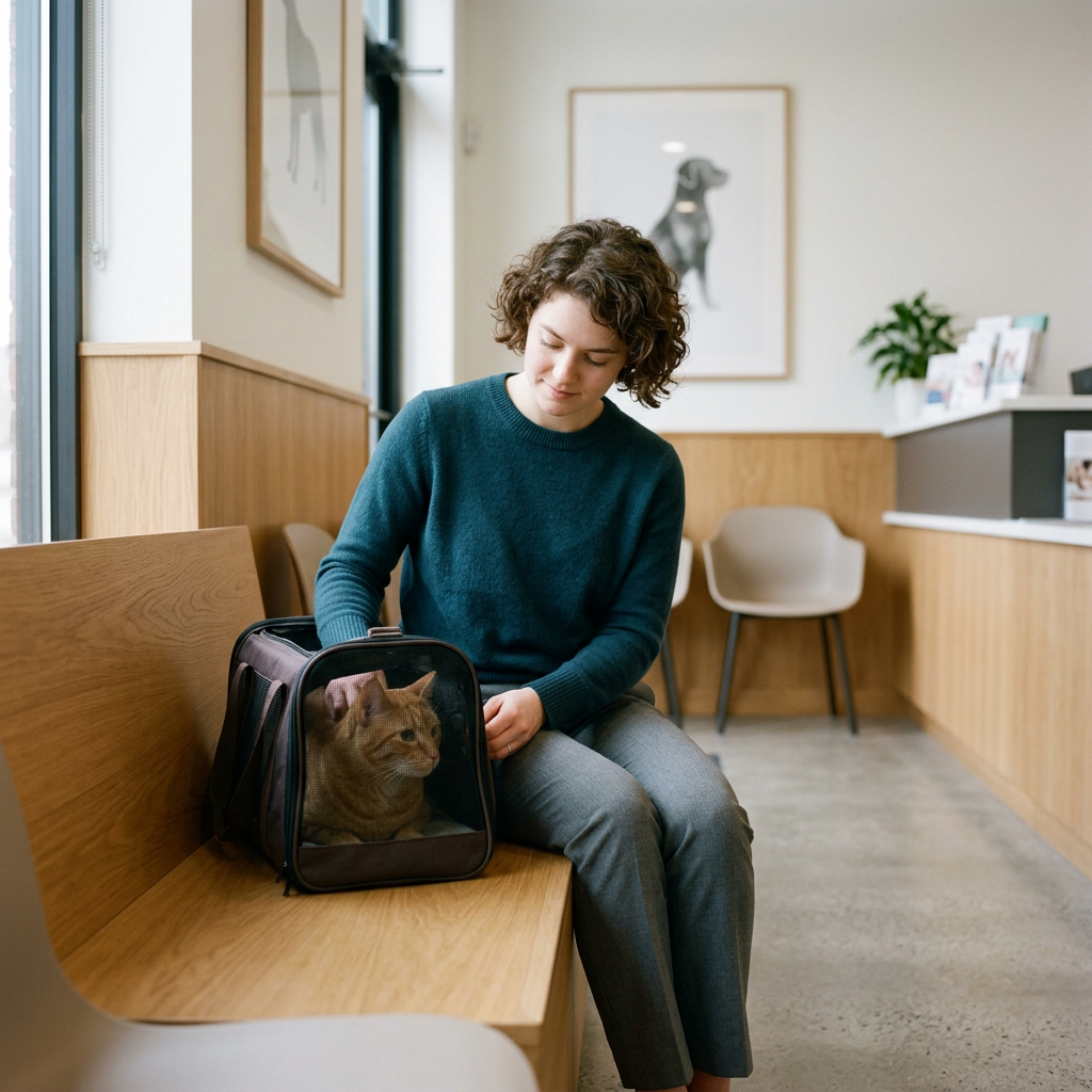 A woman sitting on a wooden bench in a waiting room, with a small pet carrier beside her containing an orange tabby cat. The waiting room has beige walls, framed artwork, a small table with brochures, and empty chairs.