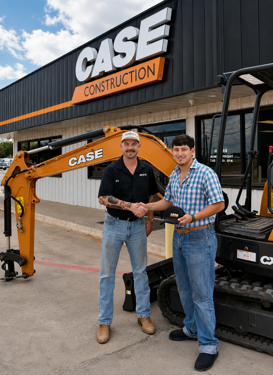 Two men shaking hands in front of CASE construction equipment outside a building with a CASE Construction sign, one wearing a black shirt and the other in a plaid shirt, holding a black CASE cap. Small Business Owner