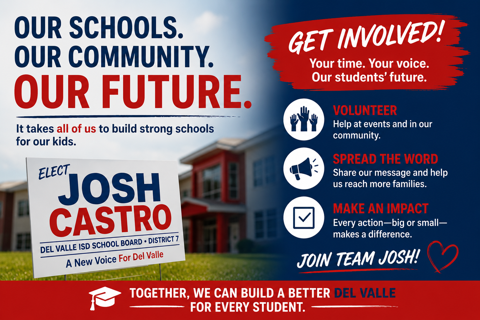 Campaign poster advocating for community involvement in schools, supporting candidate Josh Castro for Del Valle ISD School Board, District 7, highlighting volunteering, spreading the message, and making an impact, with campaign slogans and a house in the background.