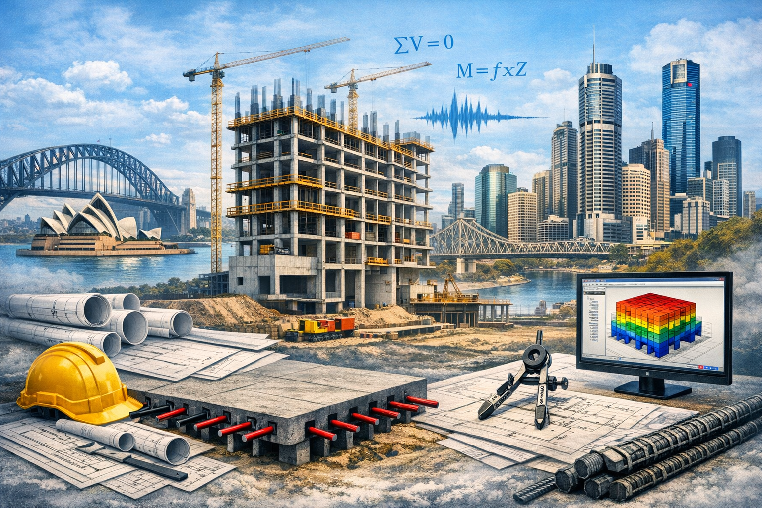 Construction site in Sydney with a partially built multi-story building, construction tools, a computer showing a 3D building model, and city skyline including the Sydney Opera House and Harbour Bridge.