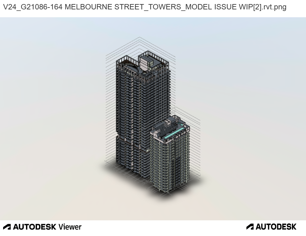 A digital 3D model of a high-rise building, part of the Melbourne Street Towers development, showing multiple floors and structural details.
