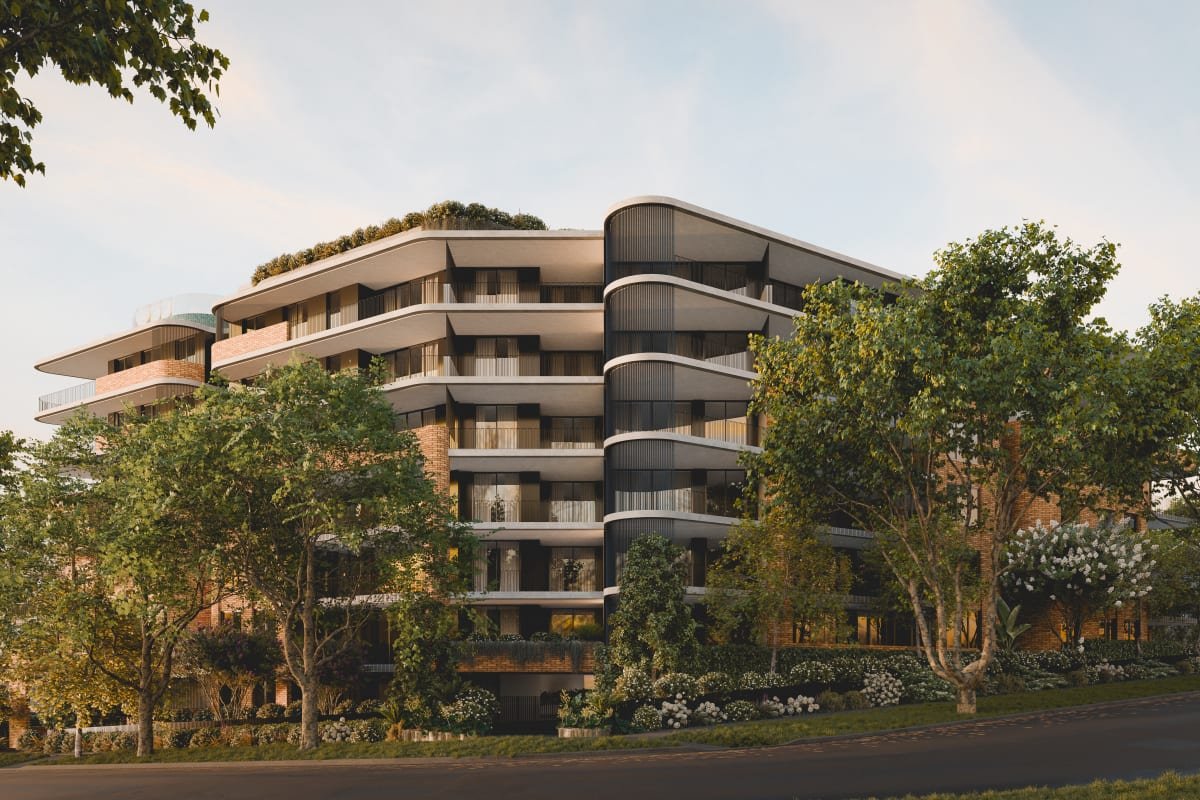 Modern multi-story apartment building with curved balconies, surrounded by trees and landscaping.