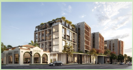 Modern multi-story residential building with retail shops on the ground level, trees lining the street, and a car driving by.