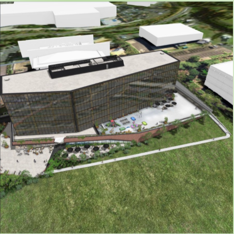 A digital rendering of a modern glass building with an outdoor patio area and surrounding greenery.