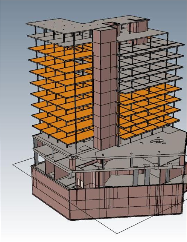 A digital rendering of a multi-story building under construction, showing its structural framework with floors and support beams, and an elevator shaft in the middle.