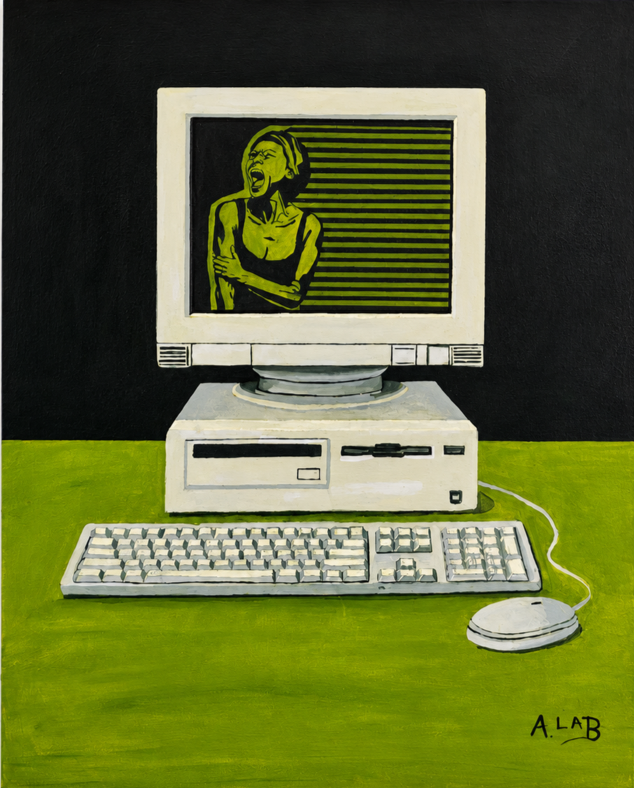 Monochromatic green acrylic painting of a retro desktop computer, keyboard, and mouse, with a distressed human figure appearing on the CRT monitor.