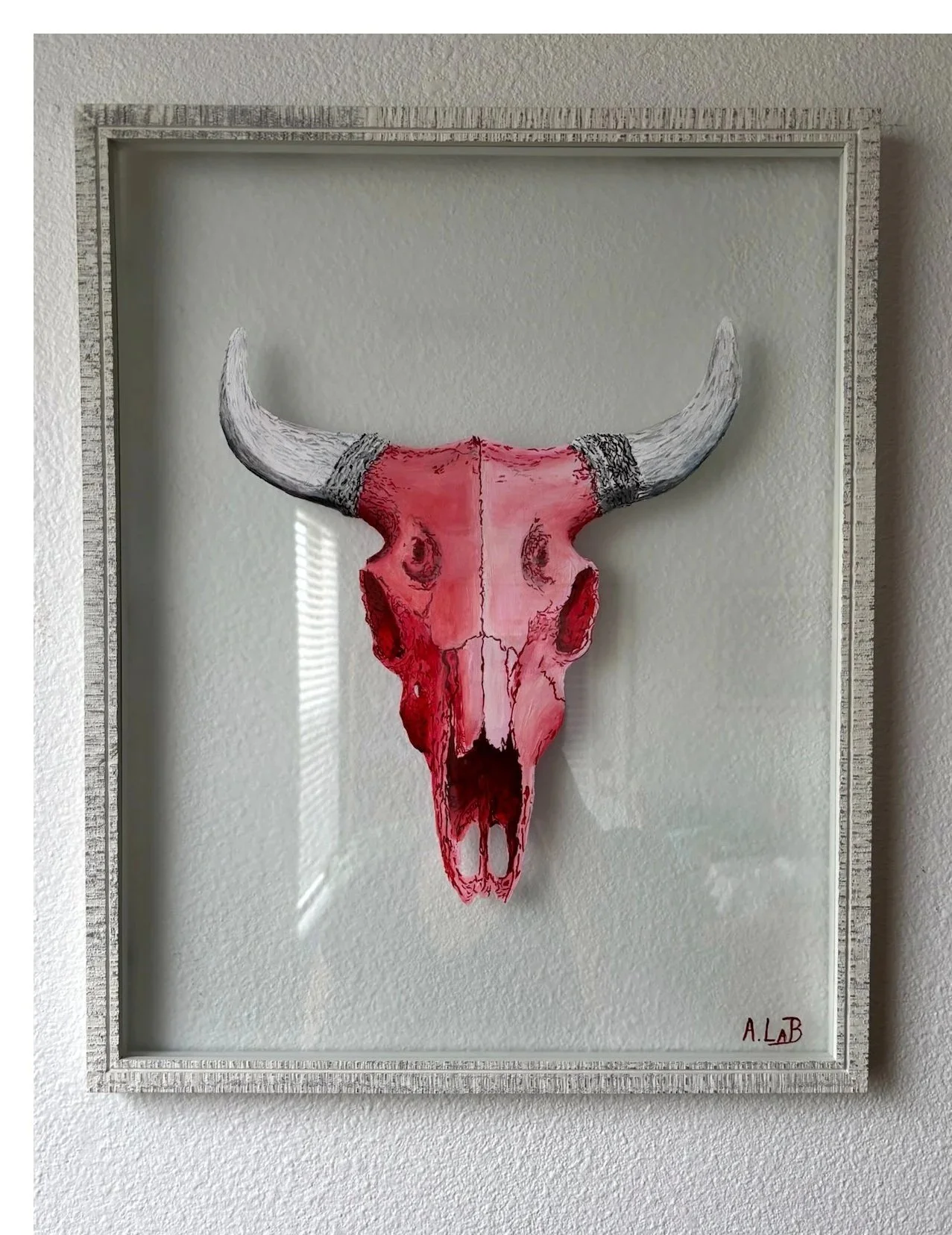 Original acrylic painting on glass of a bull skull in a 16 x 20 frame, blending Chicago Bulls symbolism with Southwestern imagery and themes of homesickness and belonging.