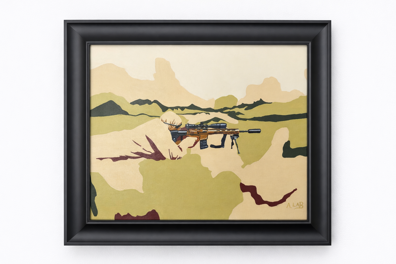 "Function Over Form" reduces the soldier almost entirely to the role he has been trained to perform. Blending into the desert landscape, his body becomes difficult to distinguish from the terrain while the rifle remains sharply defined, drawing the v
