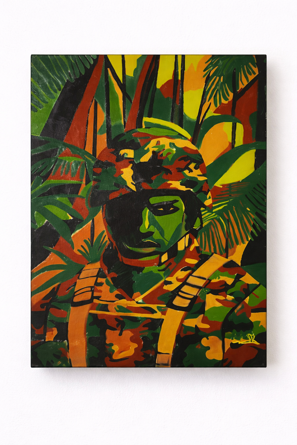"Becoming Invisible" marks the beginning of A.LaB’s Invisible Man series, capturing a soldier at the moment his individuality begins to disappear into the environment around him. The camouflage seems to almost accidentally form the figure, while the 