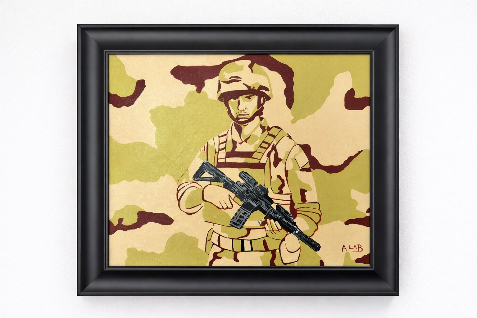 "Invisible Man" places a soldier against a desert camouflage pattern that nearly absorbs his body into the background, while his weapon remains sharply defined in dark contrast. The visual imbalance is intentional, reflecting how easily service membe