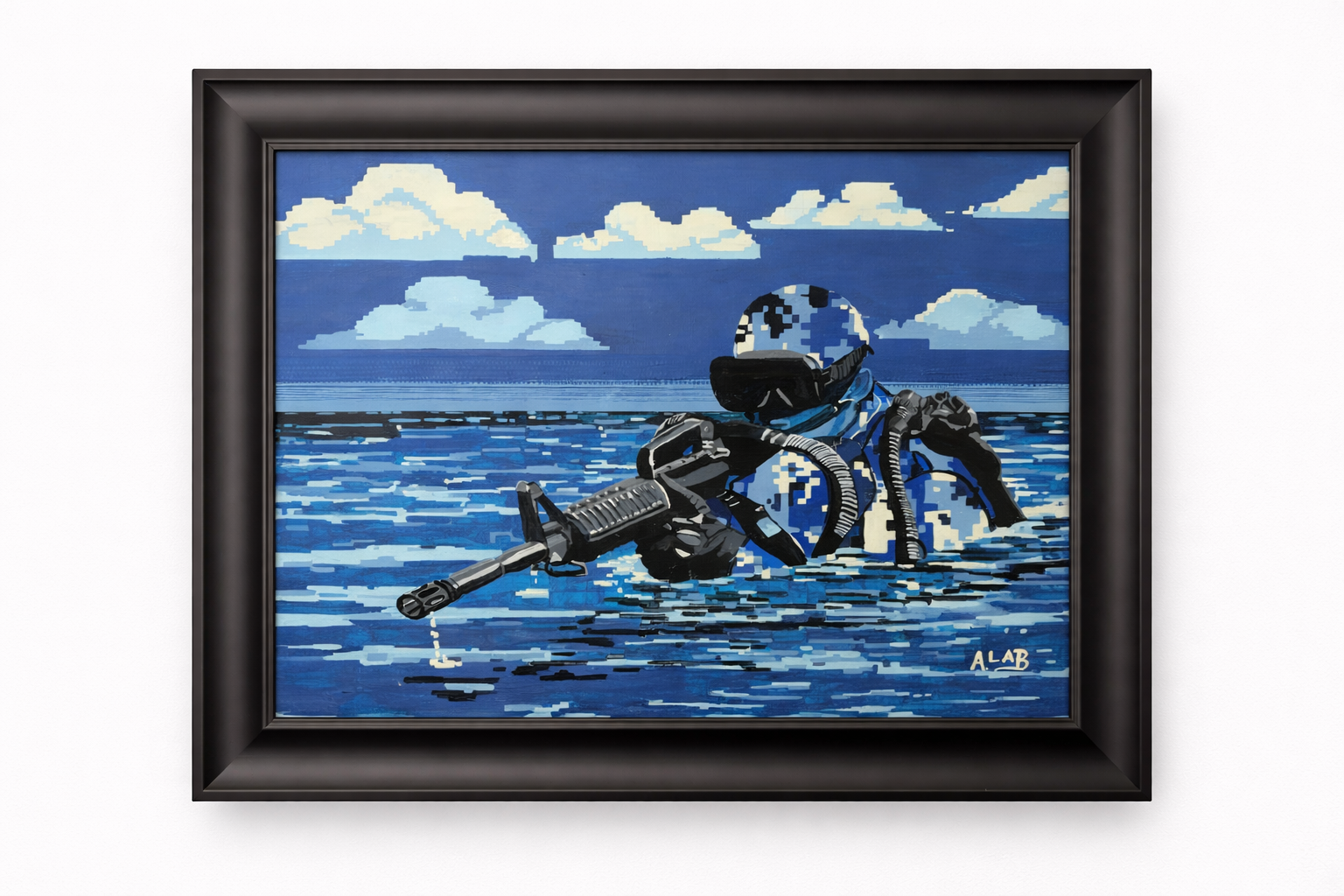 "Rendered" places a lone soldier partially submerged in an expanse of blue, his body nearly disappearing into the water and sky around him. The restricted palette causes the figure, equipment, and environment to merge into one visual language, blurri