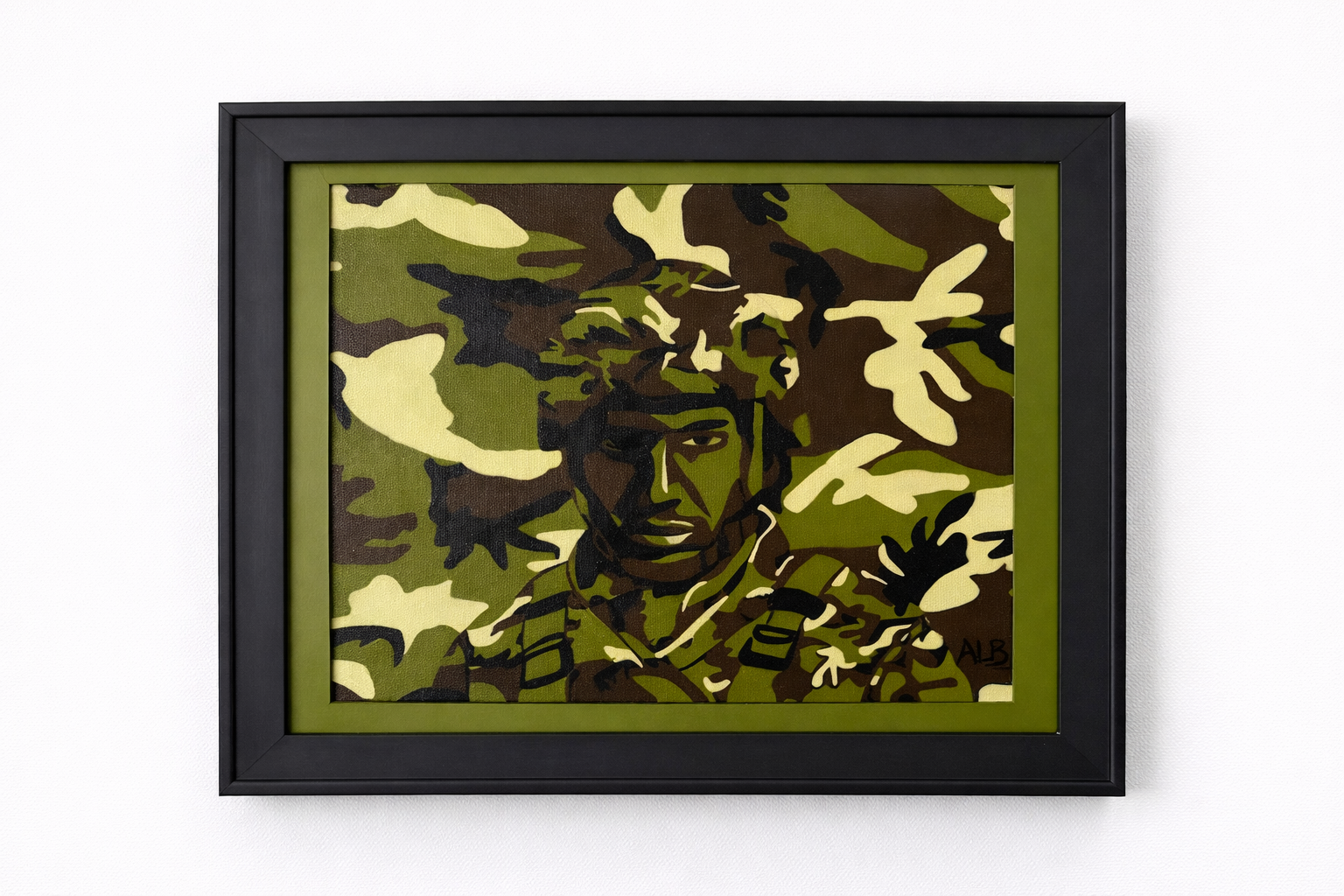 "Second Nature" pushes camouflage beyond concealment, allowing the soldier himself to nearly dissolve into the pattern surrounding him. His face remains just recognizable enough to meet the viewer’s gaze, creating tension between seeing the uniform a