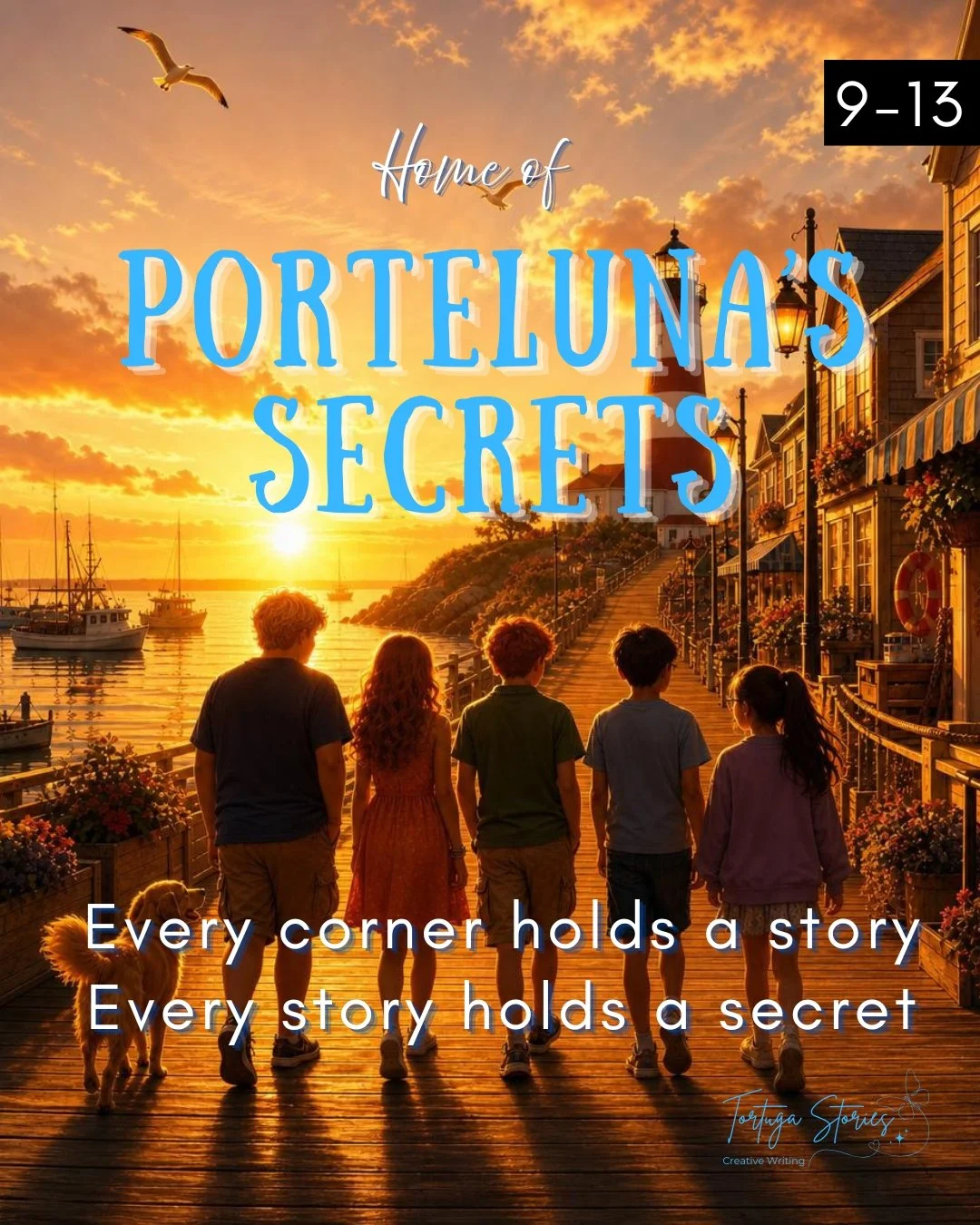 Colorful seaside town street with cafes, flowers, and people enjoying a sunny day near the water, with the ocean in the background. Porteluna Bay home of Porteluna's Secrets, children's adventure story books series