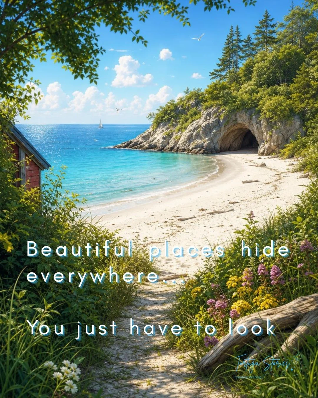 A scenic beach with white sand, turquoise water, a rocky cliff with a cave, and green trees. The sky is blue with white clouds and a boat is visible on the water. There are seagulls flying and colorful flowers in the foreground. Overlay text reads 'B