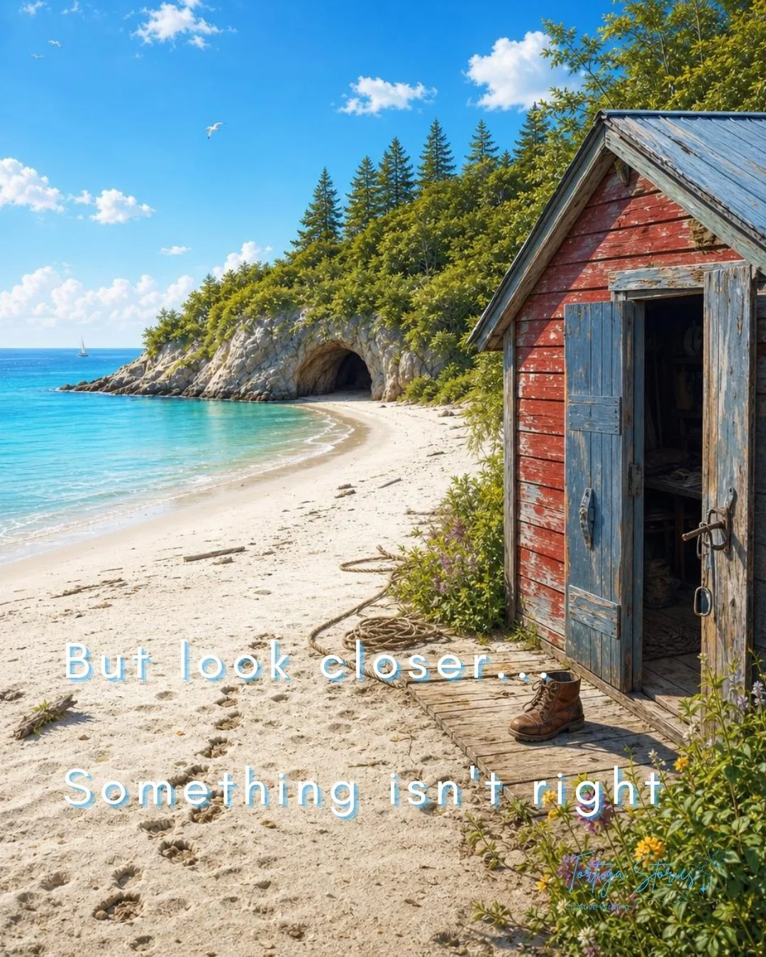 A scenic beach with clear blue water, sandy shore, lush green foliage, a rocky headland with an arch, and a rustic red and blue shed with a single boot outside. The image has overlaid text that reads, 'But look closer... Something isn't right'.