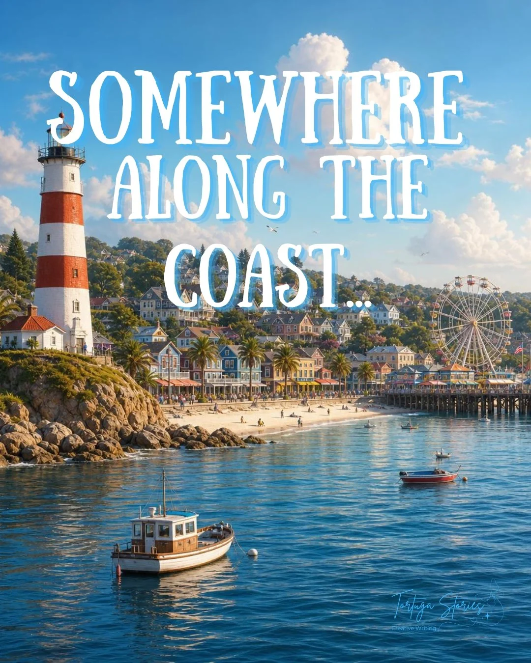The colorful coastal town of Porteluna Bay with a lighthouse, a Ferriswheel, and boats on the water with the text 'Somewhere along the coast...'