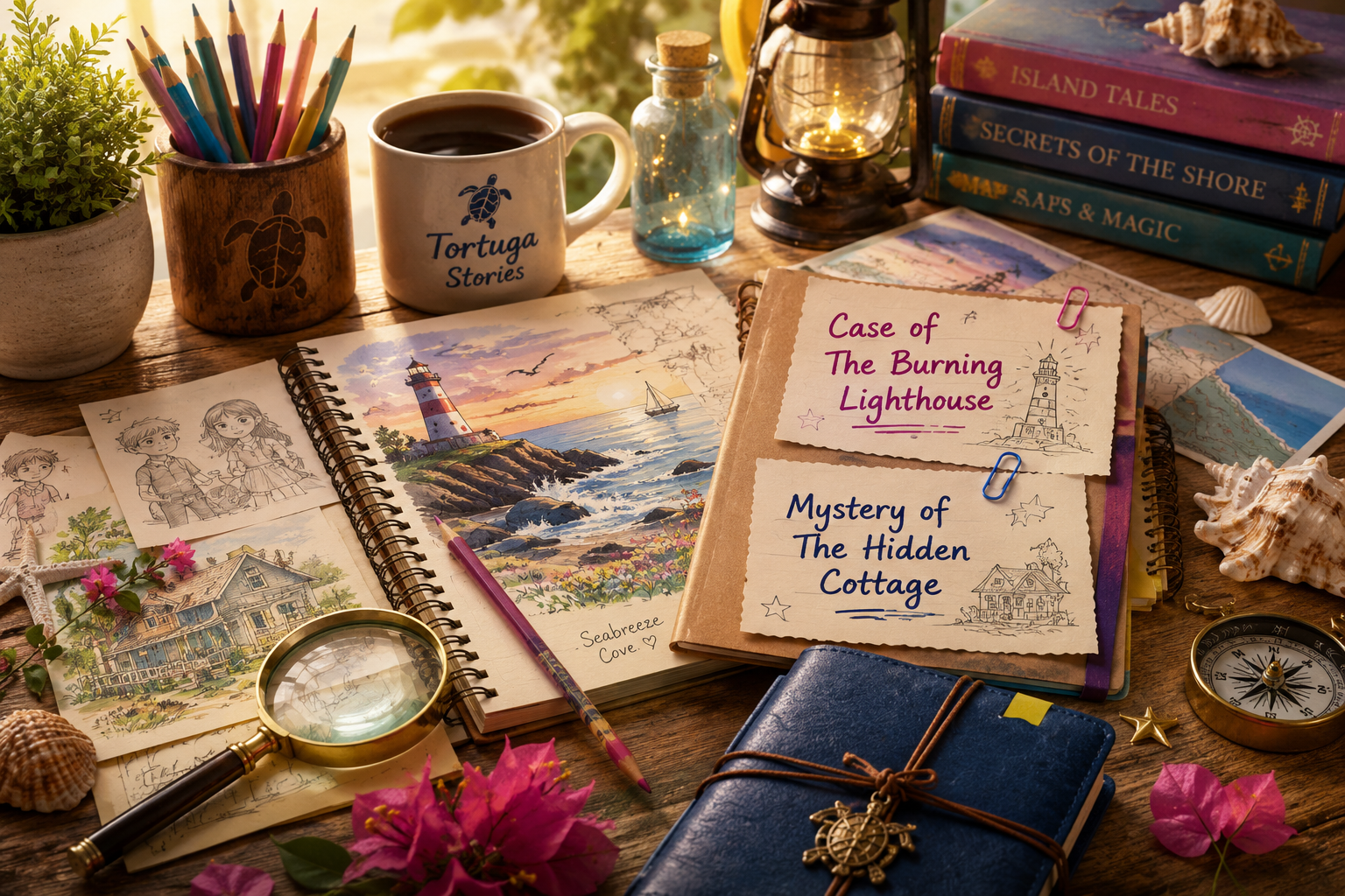Cozy children's fiction writer's desk overlooking a seaside town, with story sketches, a lighthouse illustration, books, pencils, seashells, and mystery notes for Tortuga Stories.