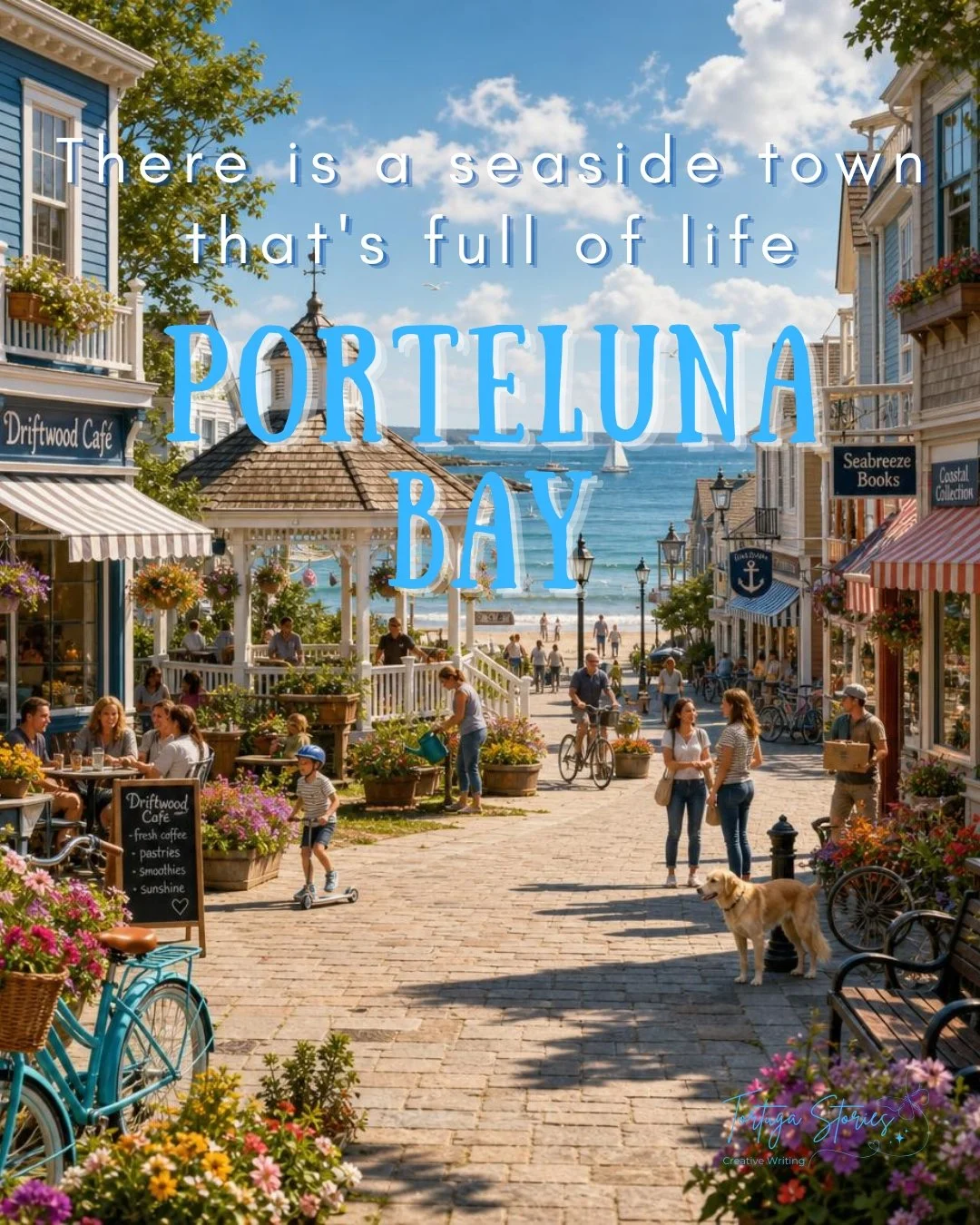 Colorful seaside town street with cafes, flowers, and people enjoying a sunny day near the water, with the ocean in the background. Porteluna Bay home of Porteluna's Secrets, children's adventure story books series