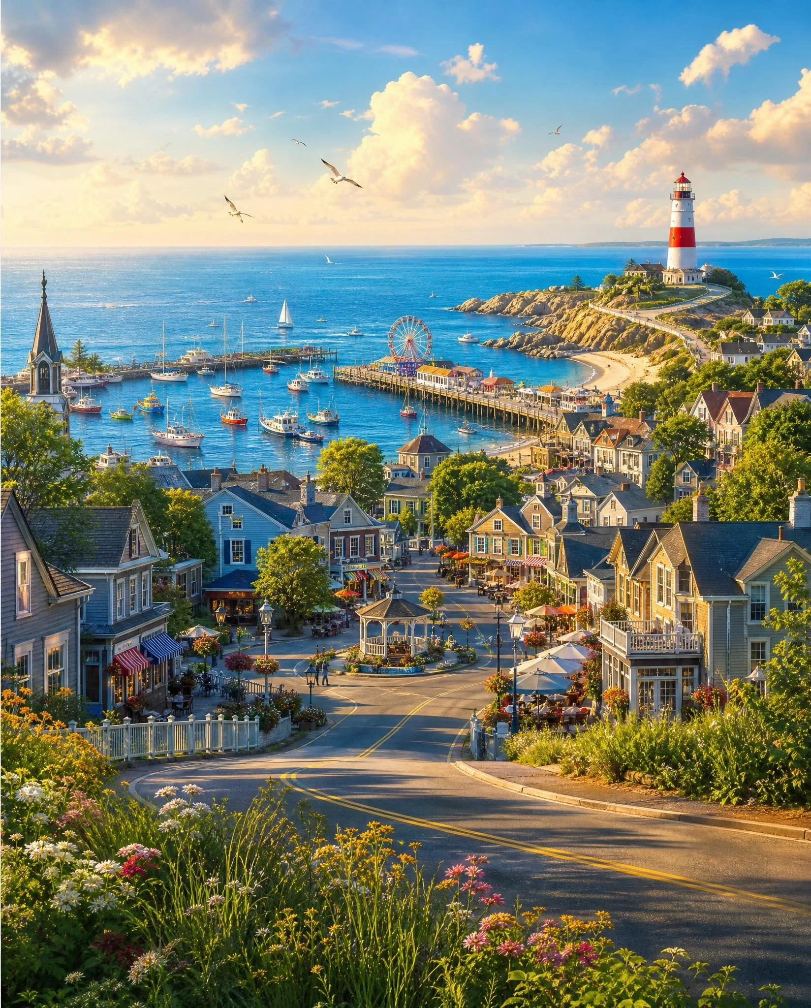 Porteluna Bay, a charming coastal town with a lighthouse on a rocky peninsula, a marina filled with sailboats and yachts, a small amusement park with a Ferriswheel, and a lively street lined with shops and cafes. Home of Porteluna's Secrets.