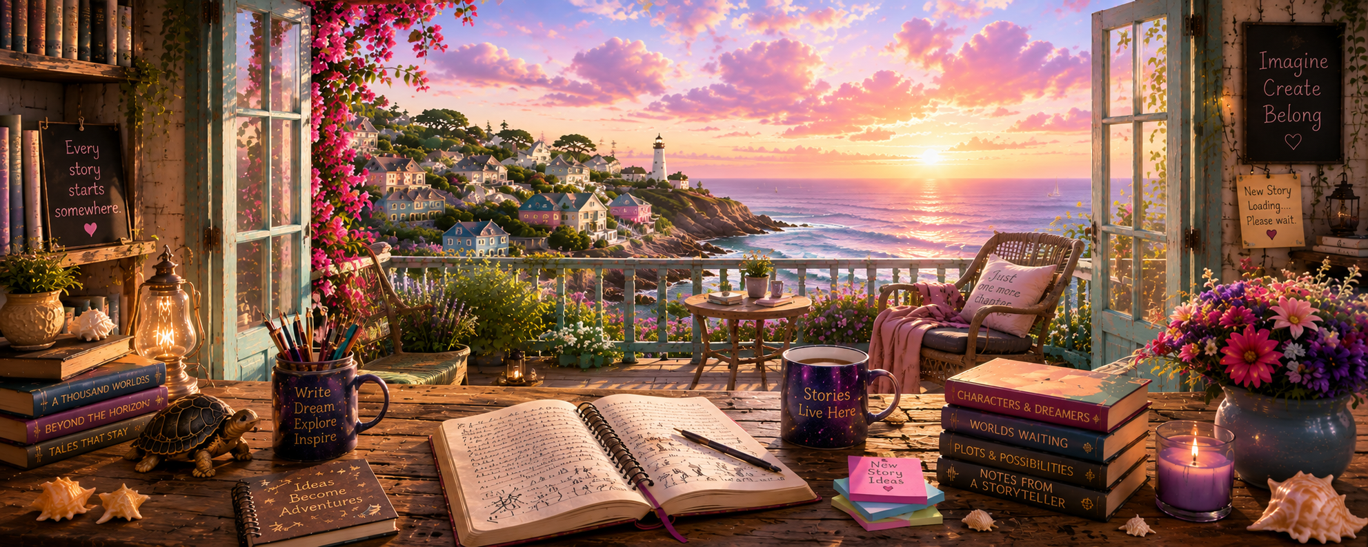 Colorful coastal writing retreat for a children's book author, with books, journals, flowers, and writing materials overlooking a seaside village and lighthouse at sunset.