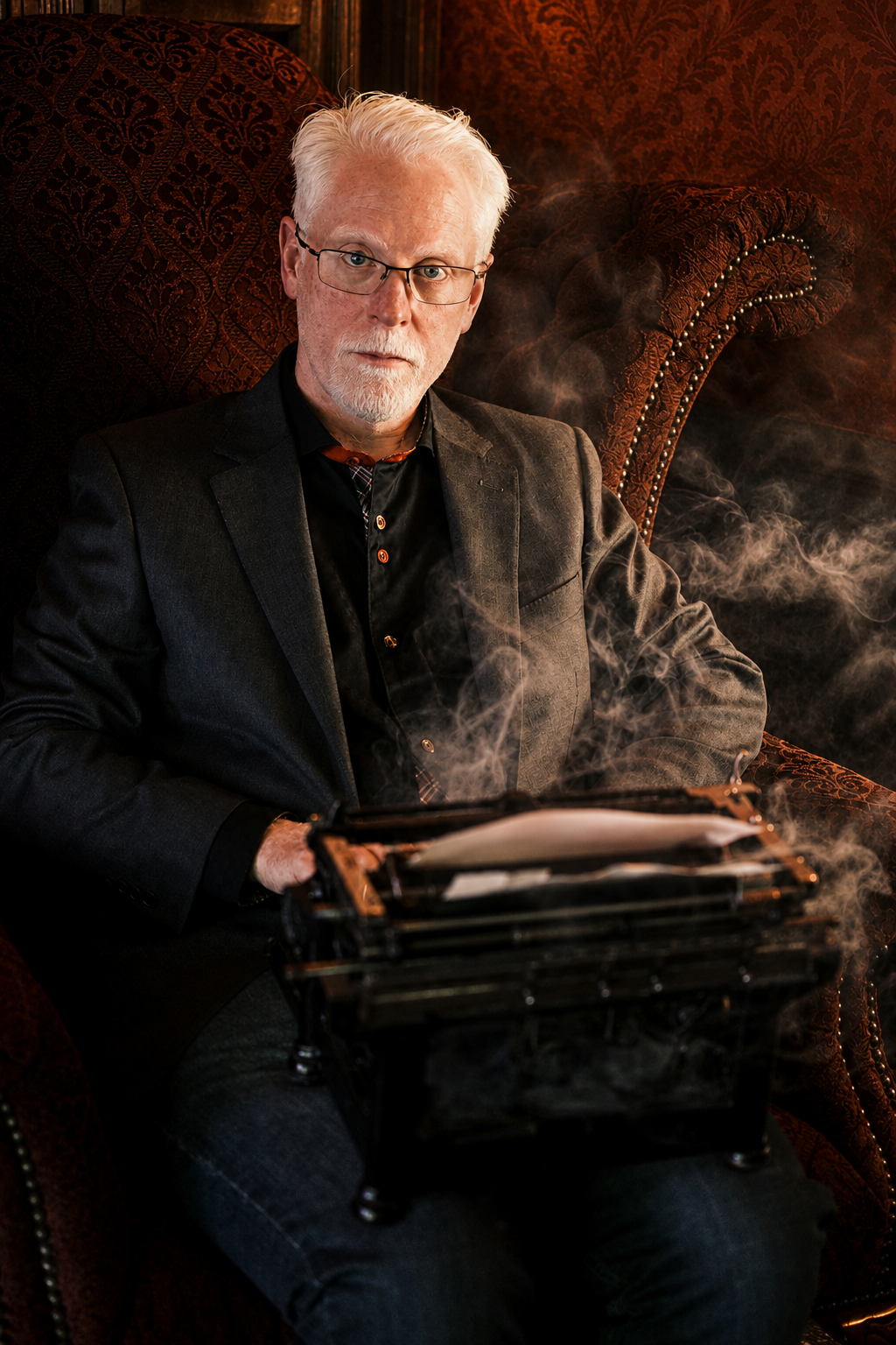 Perry Carpenter seated with a typewriter.