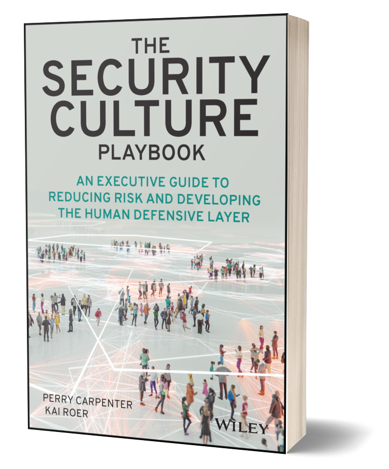 Cover of a book titled "The Security Culture Playbook" by Perry Carpenter and Kai Roer, published by Wiley. The cover features an illustration of numerous small, diverse people walking and standing, interconnected with white lines on a light background.