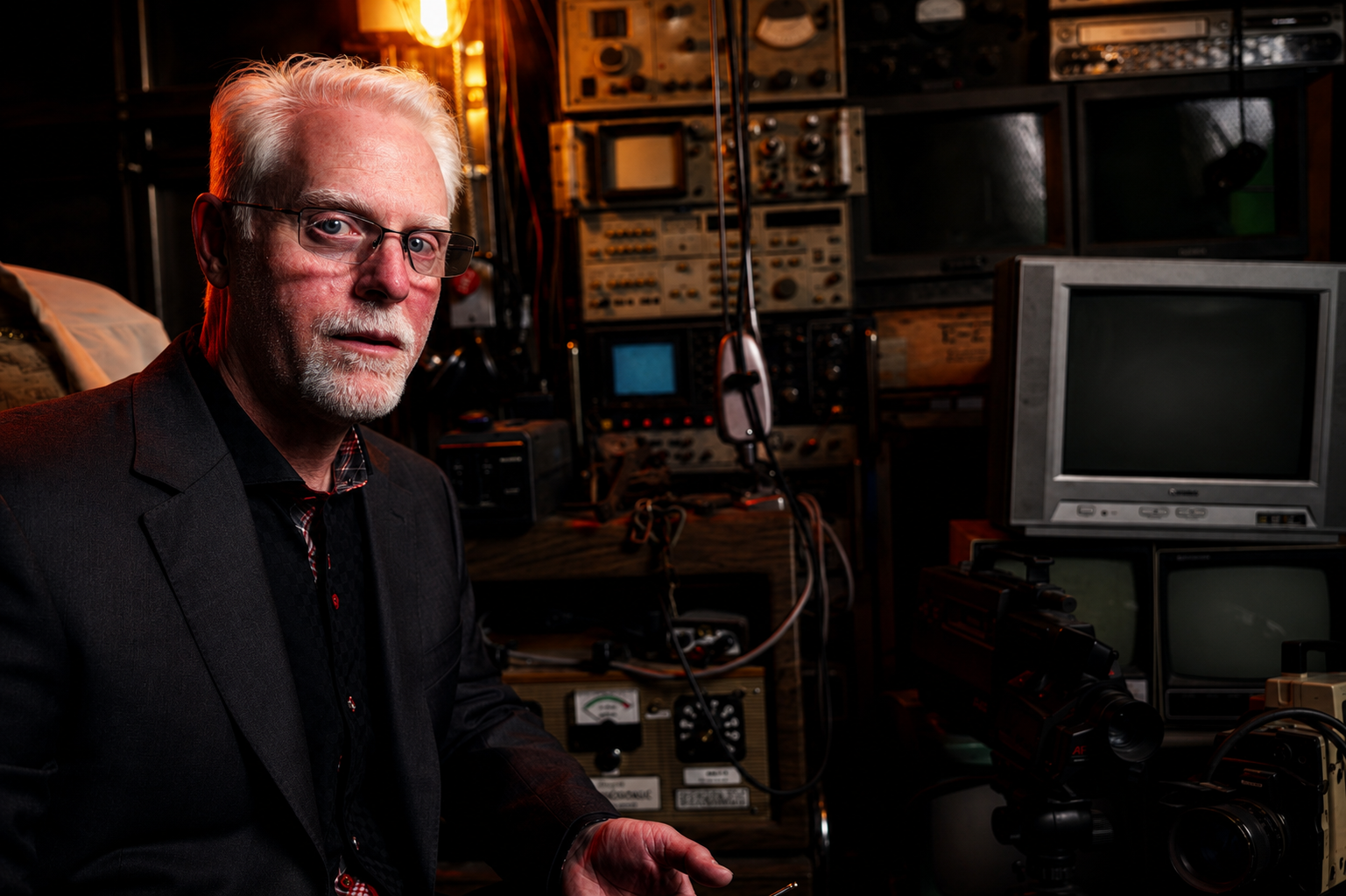 Perry Carpenter in a room filled with vintage electronic equipment and monitors, with a camera on a tripod nearby.