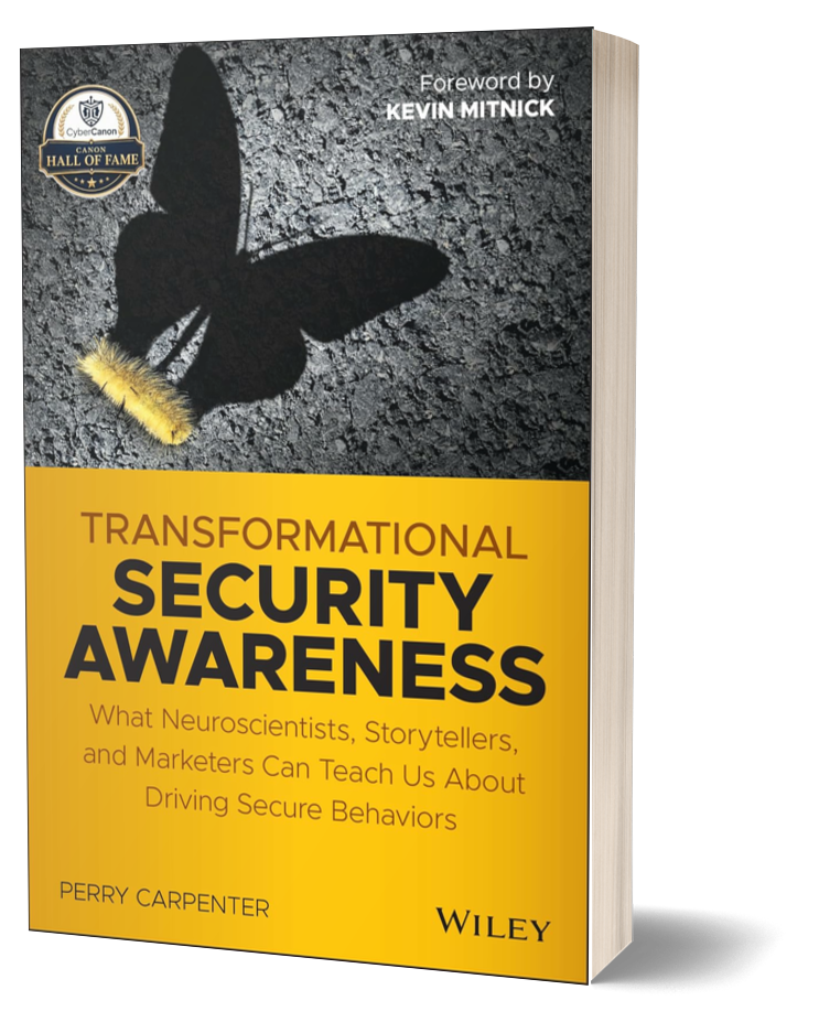 Cover of a book titled 'Transformational Security Awareness' with a butterfly shadow on a textured background, foreword by Kevin Mitnick, authored by Perry Carpenter, published by Wiley.