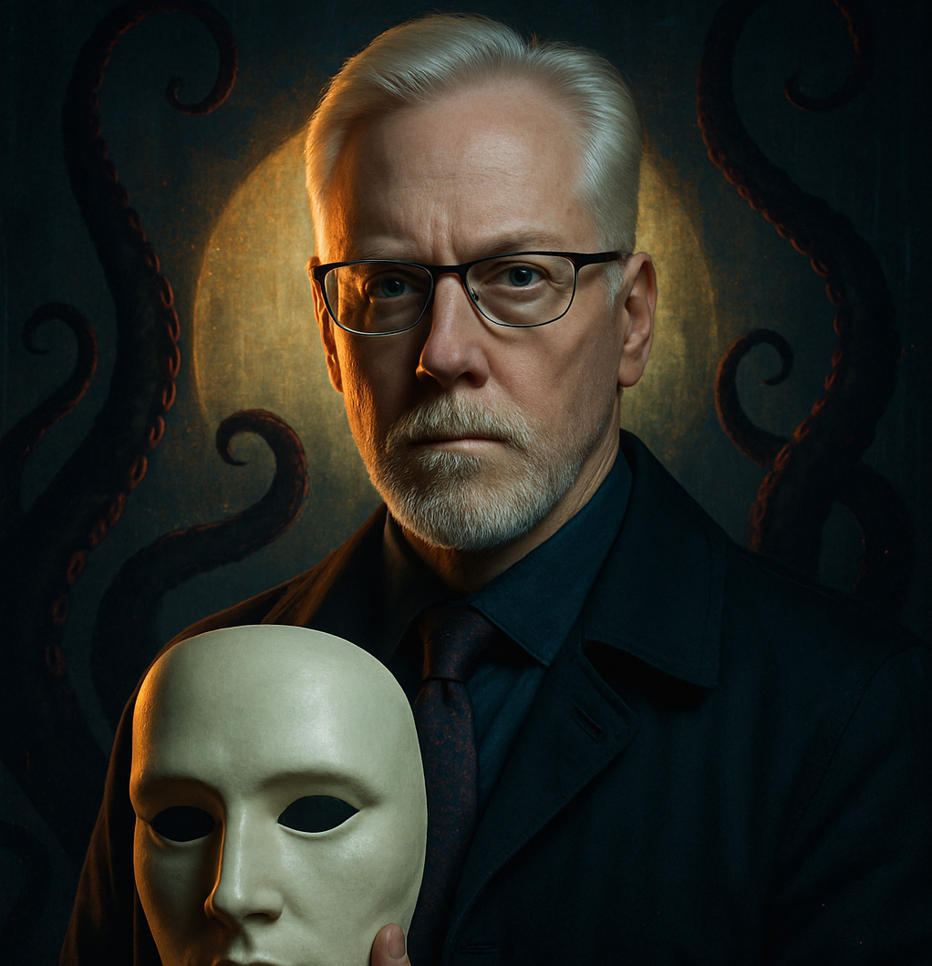 Dark illustration of Perry Carpenter holding a mask.