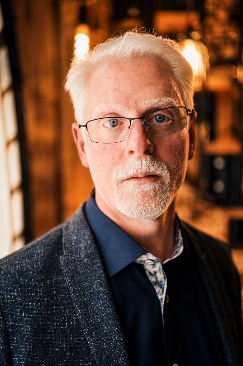 Close-up of Perry Carpenter wearing a dark suit jacket and a blue shirt, in a warmly lit room with wooden shelves and books in the background.