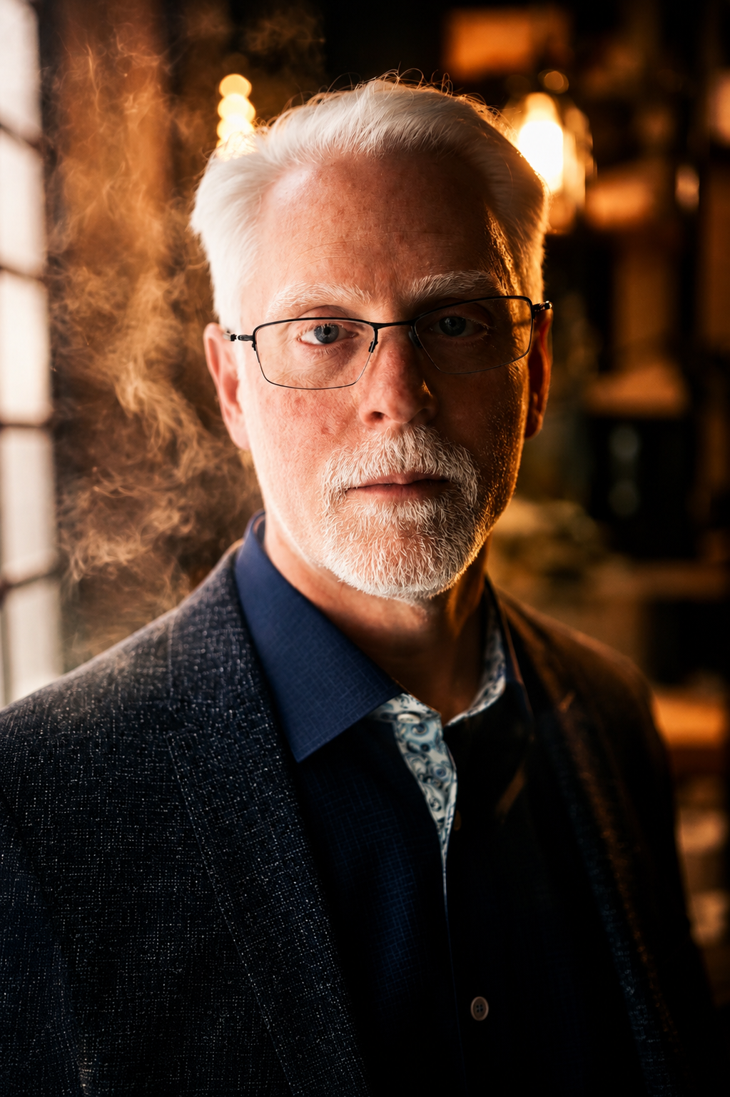Perry Carpenter wearing a dark blazer and blue shirt, standing indoors with warm lighting and blurred background.