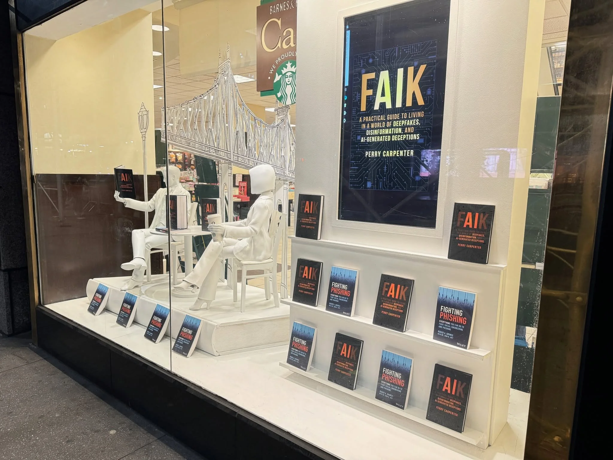 Perry Carpenter's book, FAIK, on display at the Barnes & Noble bookstore on 5th Ave in New York City.