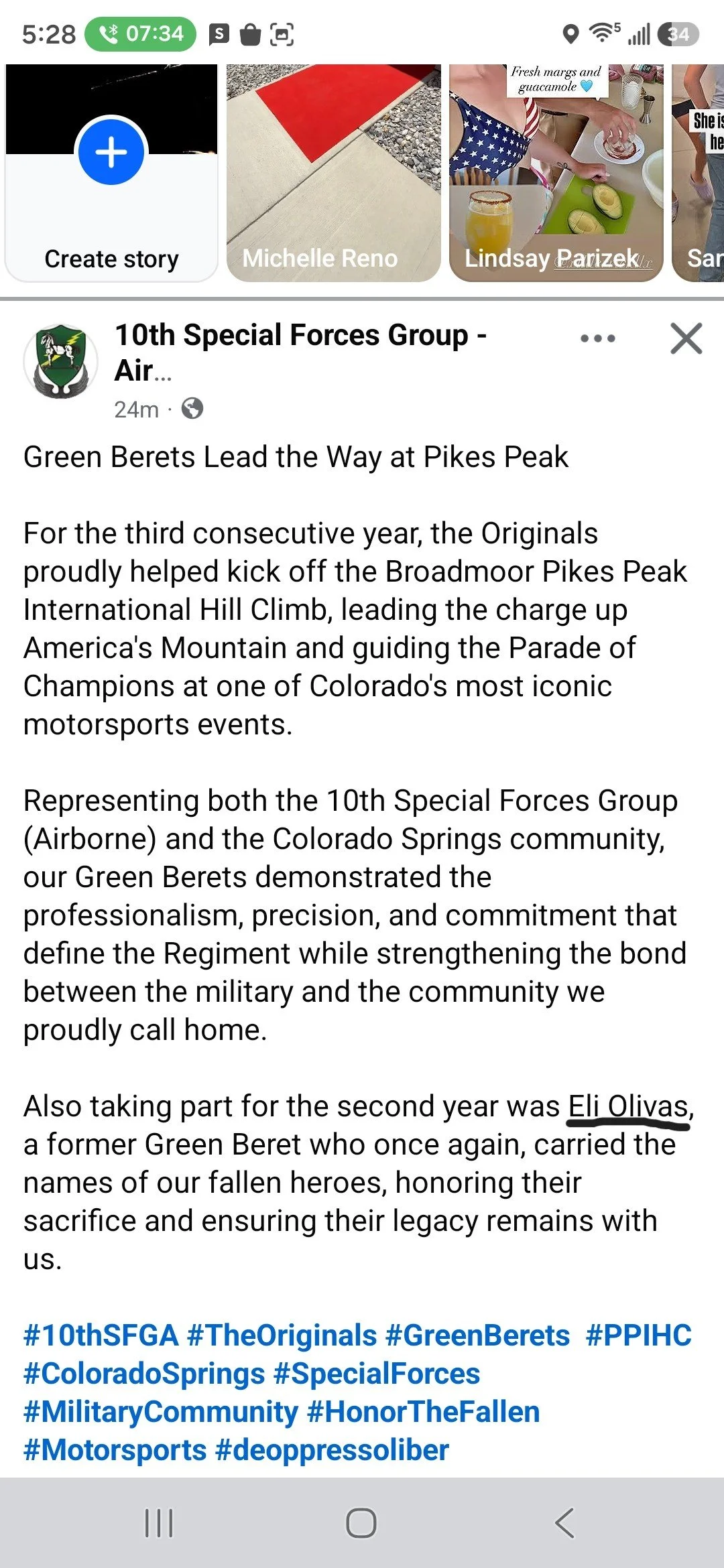 Screenshot of a social media post by the 10th Special Forces Group, discussing their participation in Pikes Peak with photos of a sidewalk, a person preparing avocado toast with fresh ingredients, and a woman in athletic wear.
