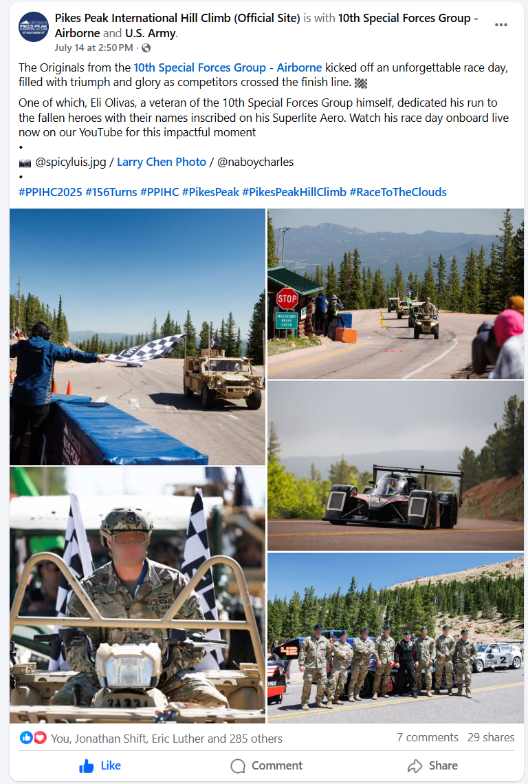 A series of photos from the Pikes Peak International Hill Climb event, featuring race cars, a veteran on an ATV, a checkered flag, a military personnel on a motorcycle, and a group of soldiers and officials at the event.
