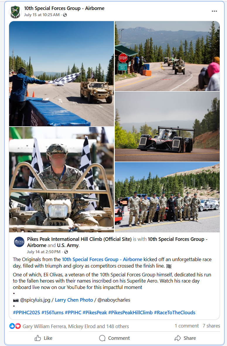 Photos from the Pikes Peak International Hill Climb featuring military vehicles and personnel, race cars, and a veteran with his run commemorated by flags and military attire.