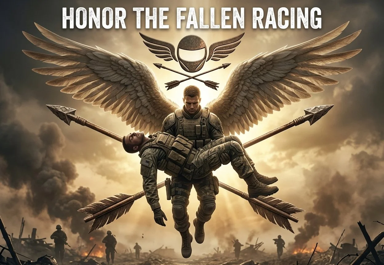 A soldier with angel wings, holding a fallen soldier, with war debris and soldiers in the background, and the text 'Honor the Fallen Racing' at the top.