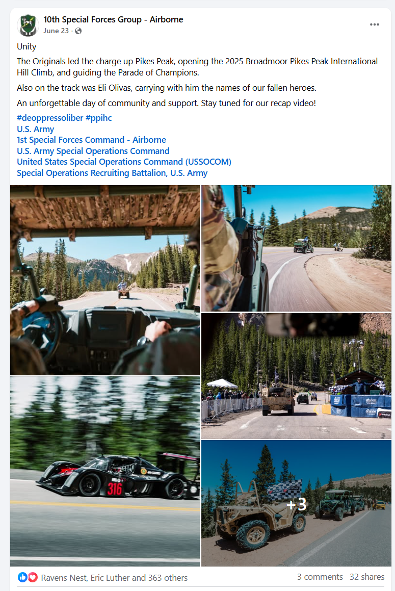 Photos from the 10th Special Forces Group - Airborne event, showing vehicles on a mountain road, a racing car, military vehicles near a forest, and an outdoor community gathering with tents and a stage.