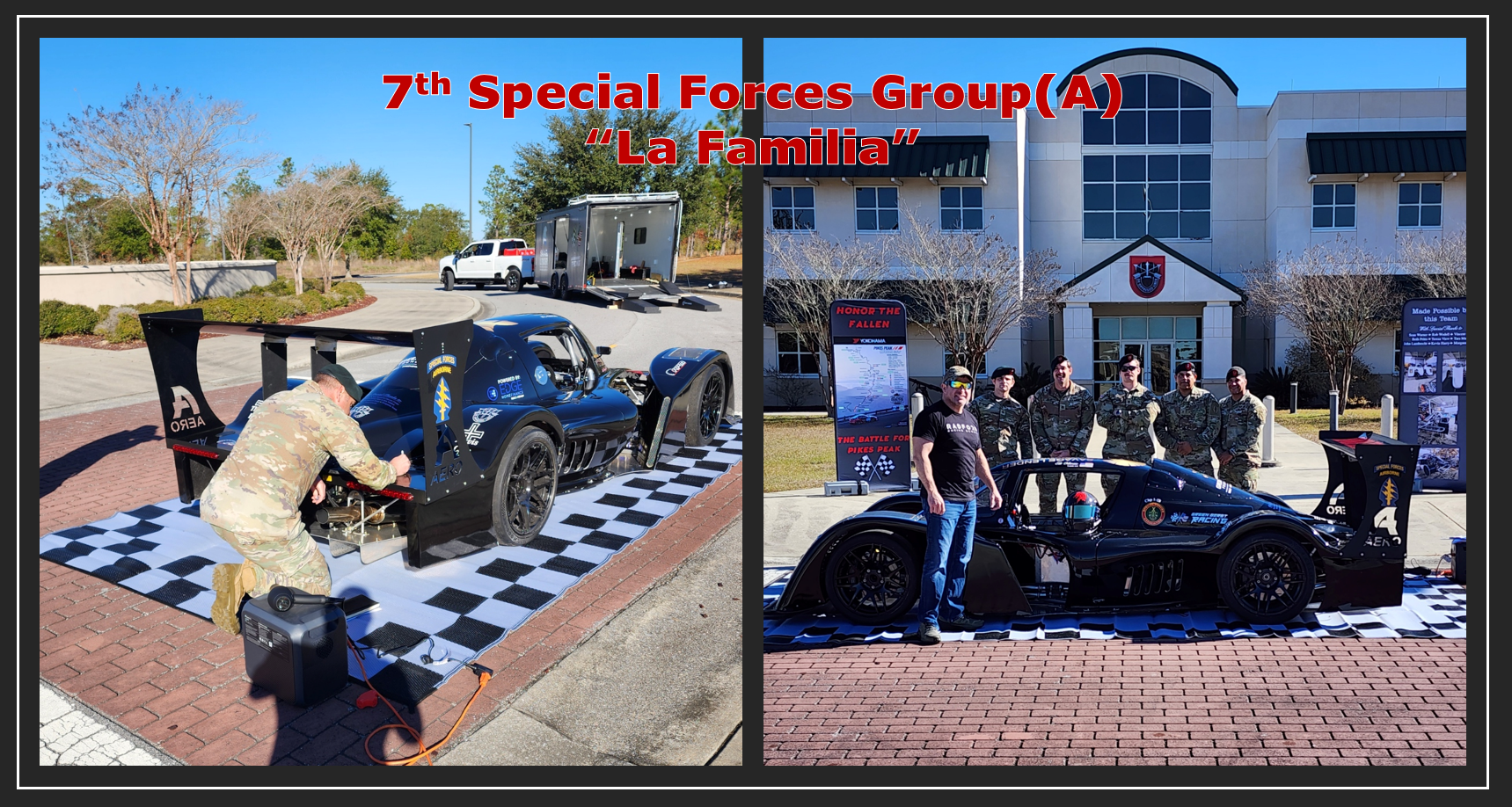 Left side shows a black race car being worked on by a person in camouflage uniform, with a checkered mat underneath and a trailer in the background. Right side shows a group of soldiers in camouflage uniforms standing in front of a building with a race car and informational posters, one reading 'HONOR THE FALLEN.' The image appears to be at a memorial or event honoring fallen soldiers, featuring race cars.