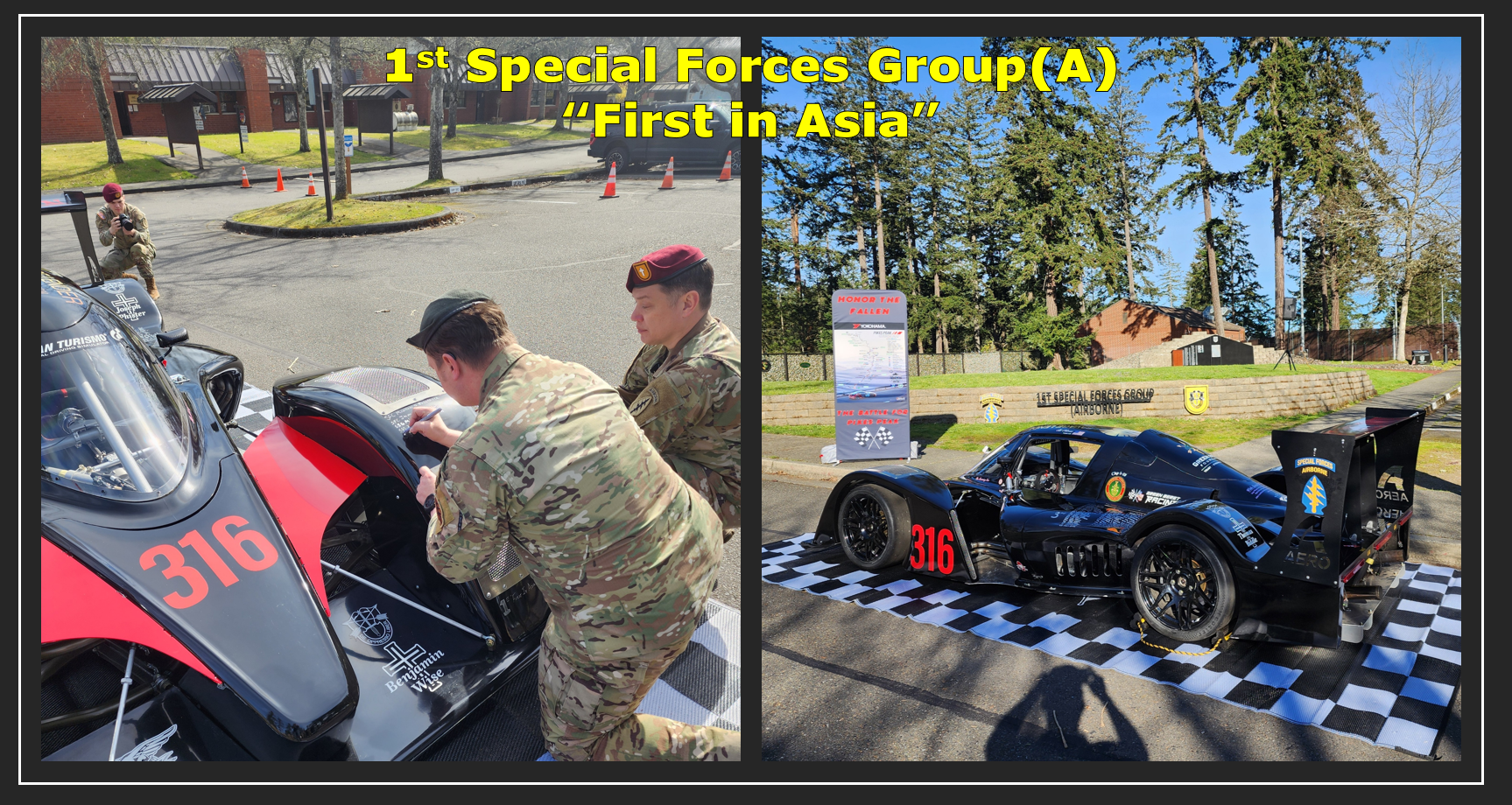 A race car with military personnel around it displayed on a checkered mat with the number 316 at the 1st Special Forces Group (Airborne).