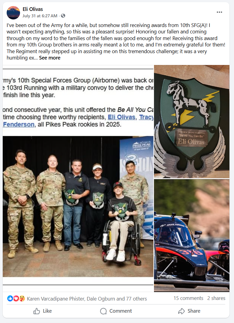 A collage of three photos including a group of people including a woman in a wheelchair holding awards, a military insignia with a horse emblem and name tag 'Eli Olivas', and a racing car on a track. The main photo shows five people, some in military