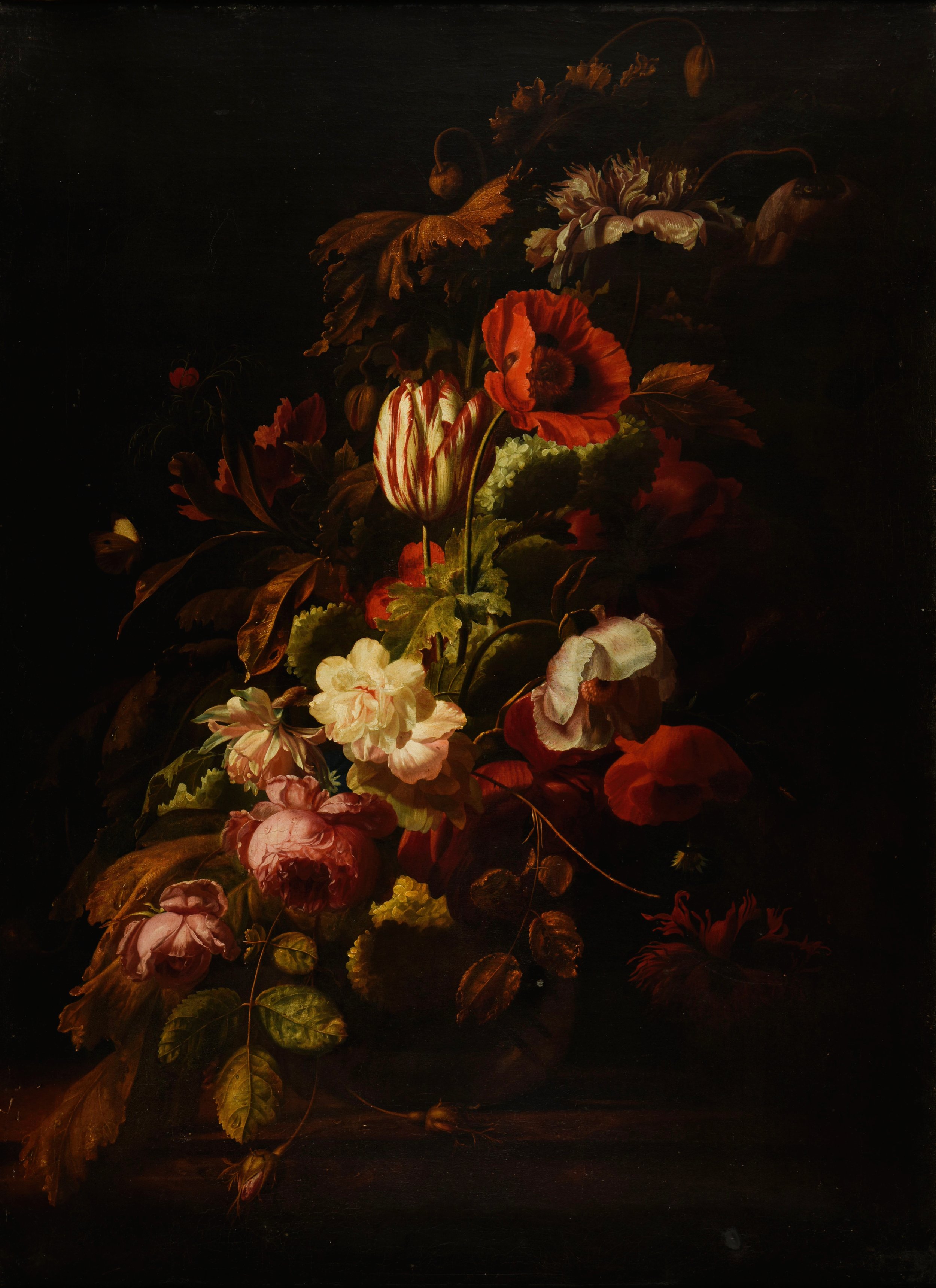 Still life painting of flowers, including tulips, poppies, and other blossoms, set against a dark background.