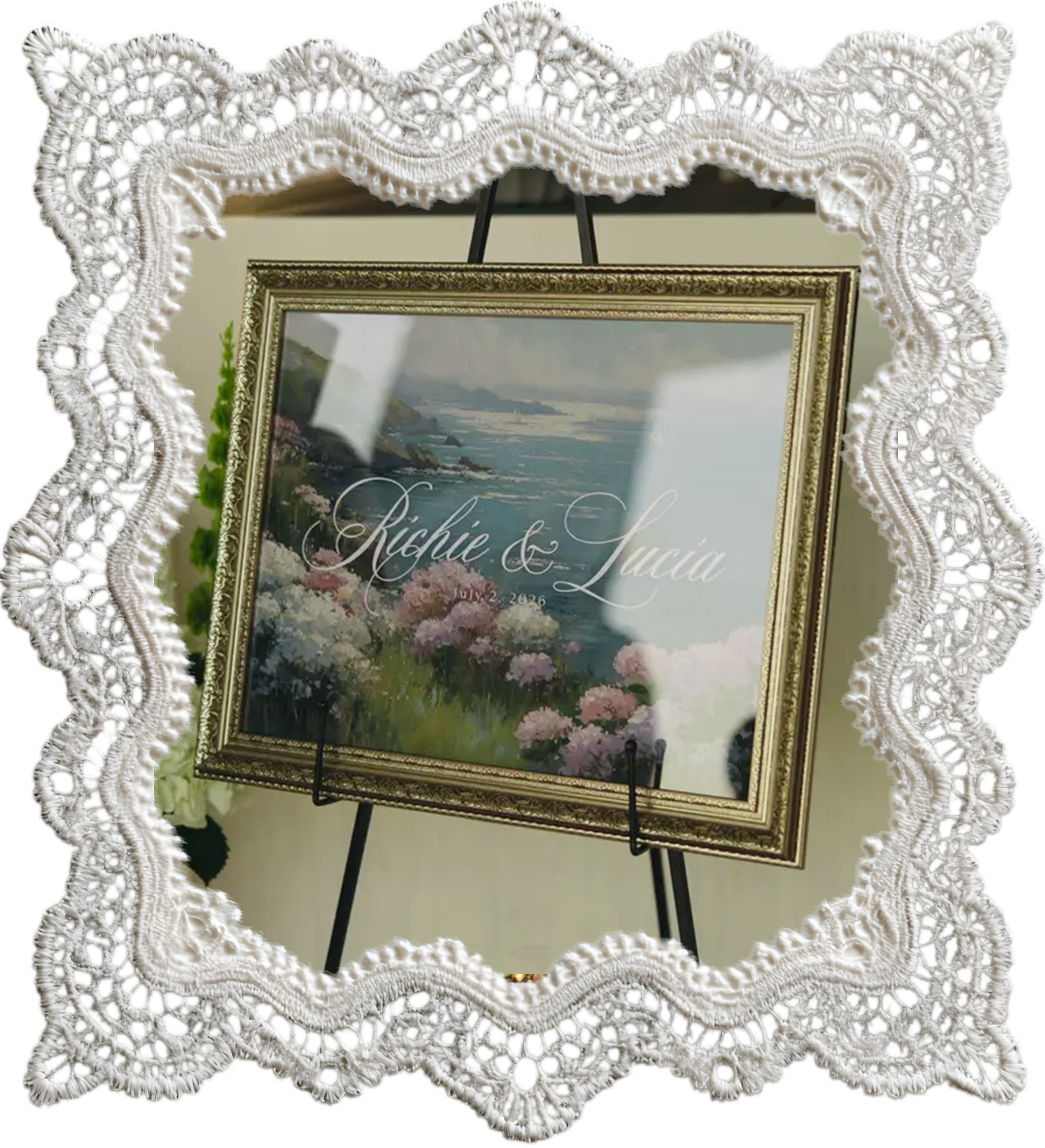 Wedding welcome sign painting featuring a coastal landscape with ocean waves, rocks, and lush greenery, encircled by a white lace border.