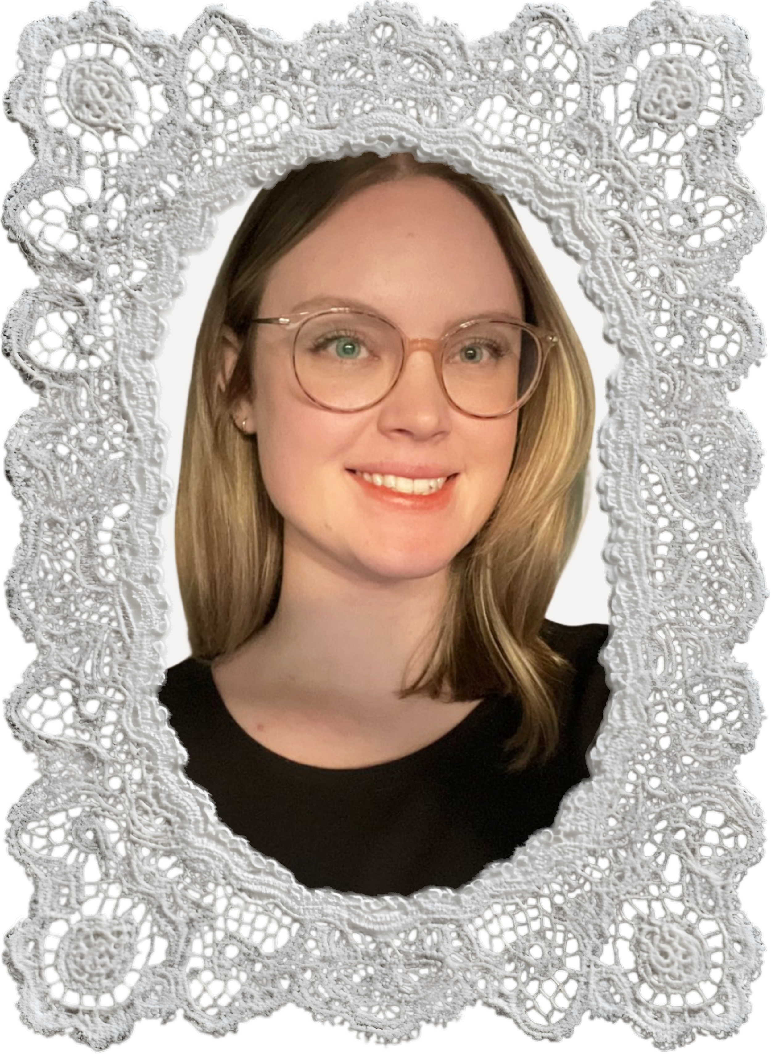 A portrait of Canadian artist, Julianna Swift, a young woman with long blonde hair, wearing glasses, smiling, surrounded by a white lace border.