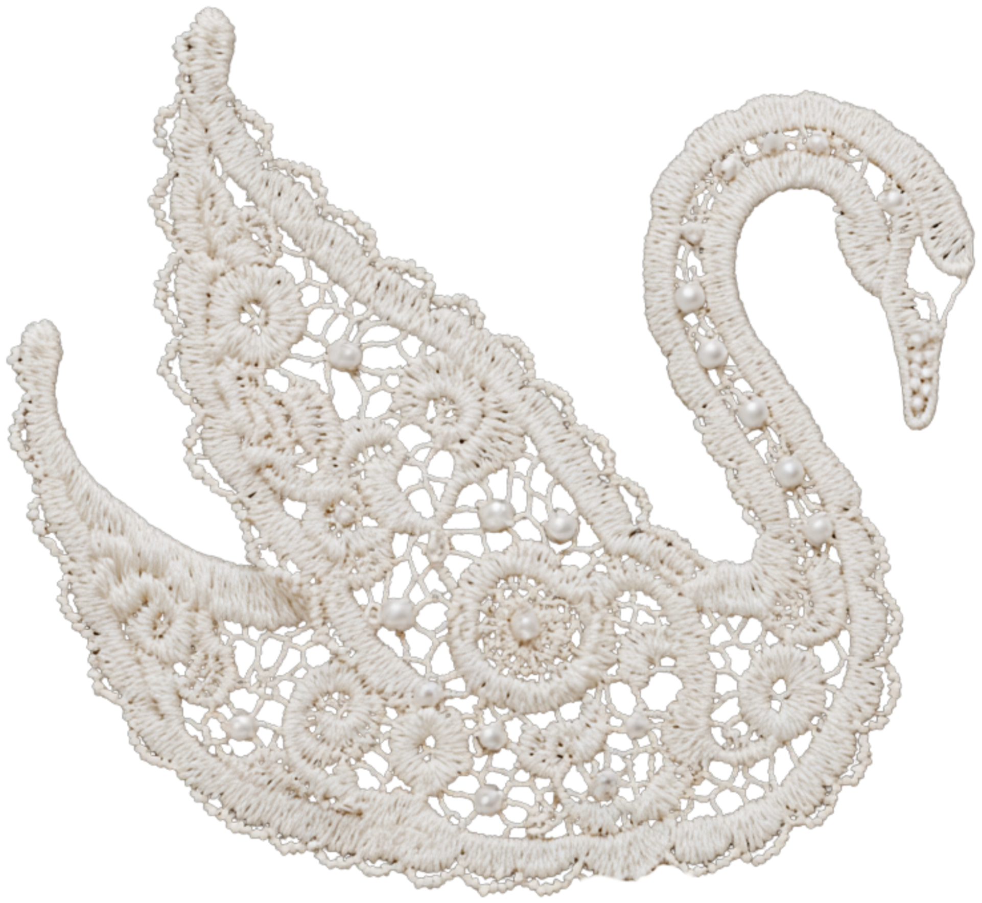 A white lace swan with intricate floral cutouts.