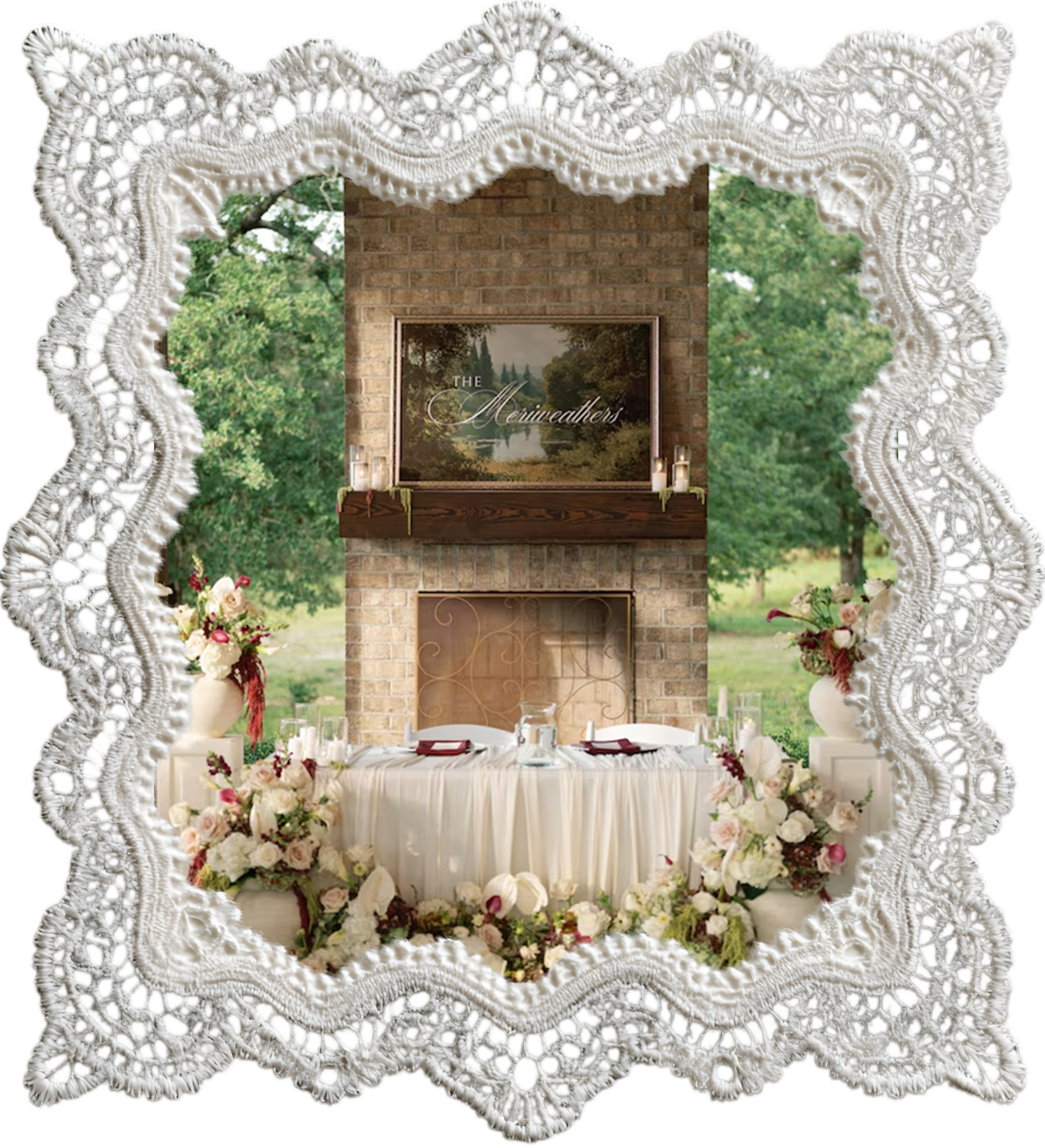 A wedding reception setup with a decorated table, floral arrangements, candles, fireplace, and a wedding welcome sign featuring a natural green landscape painting by January Swift Studio.