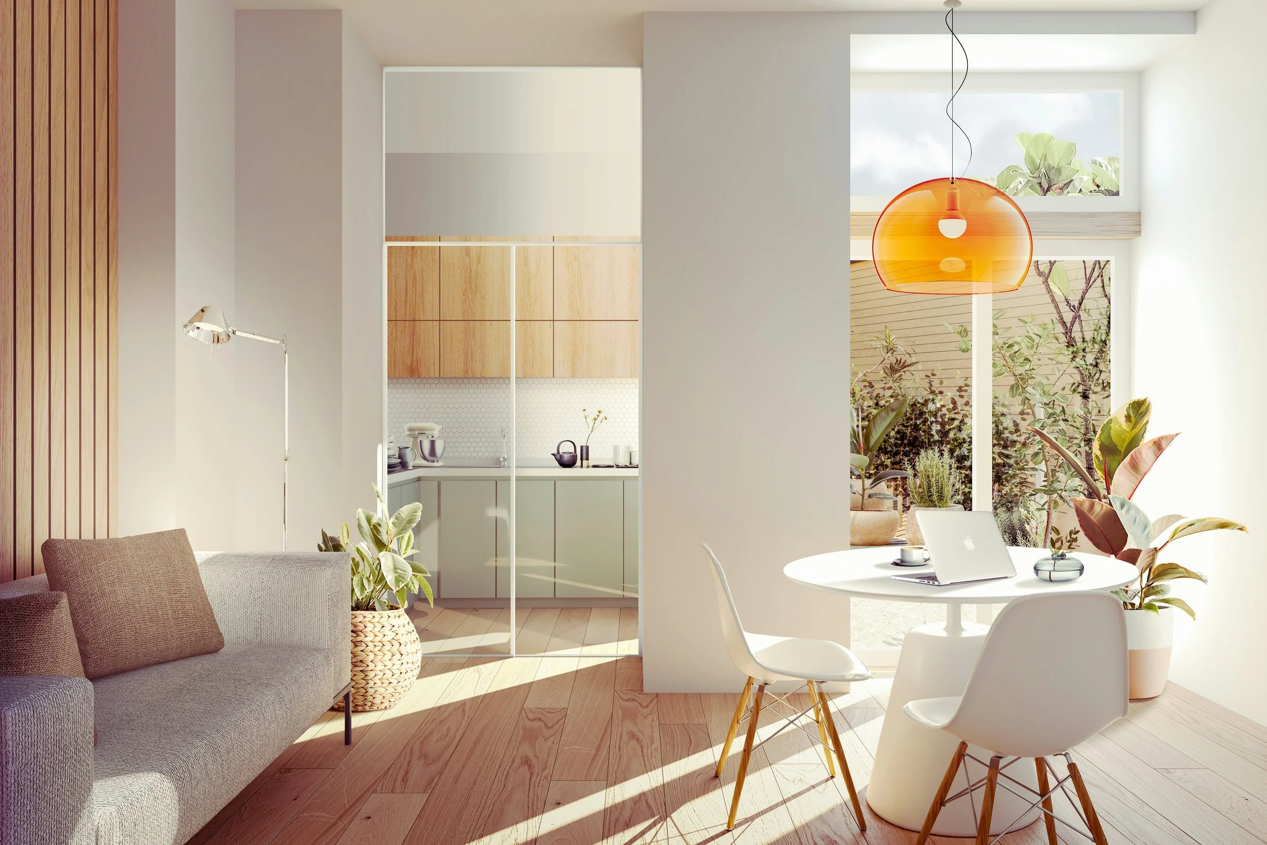 Bright, biophilic home interior with natural wood, plants and abundant daylight.