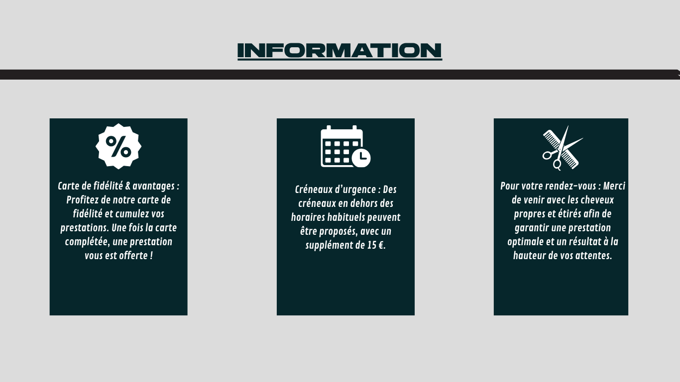 Informations sur des services : une carte de fidélité avec une offre, des créneaux d'urgence avec des horaires étendus, et des conseils pour venir avec des cheveux propres.