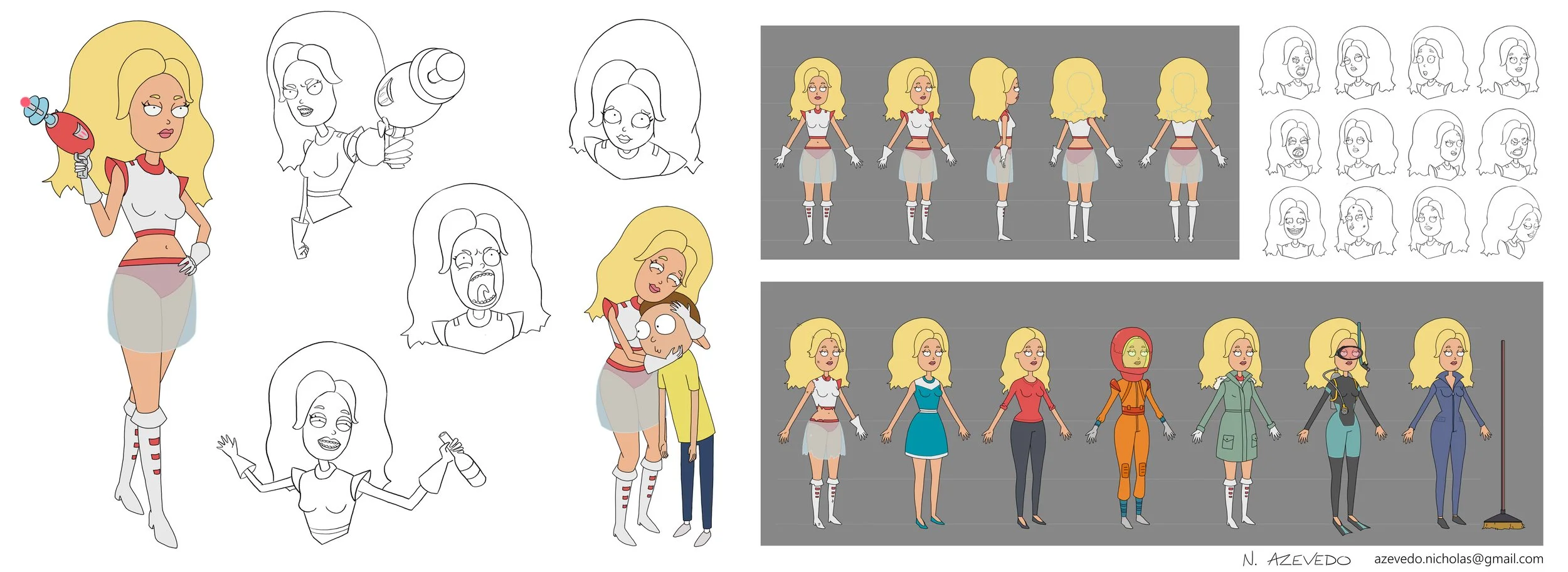 Animation character design sheet in a Rick and Morty visual style featuring a blonde woman in retro-futuristic sci-fi attire holding a ray gun, including full turnarounds, expression studies, pose interactions, and multiple costume variations.